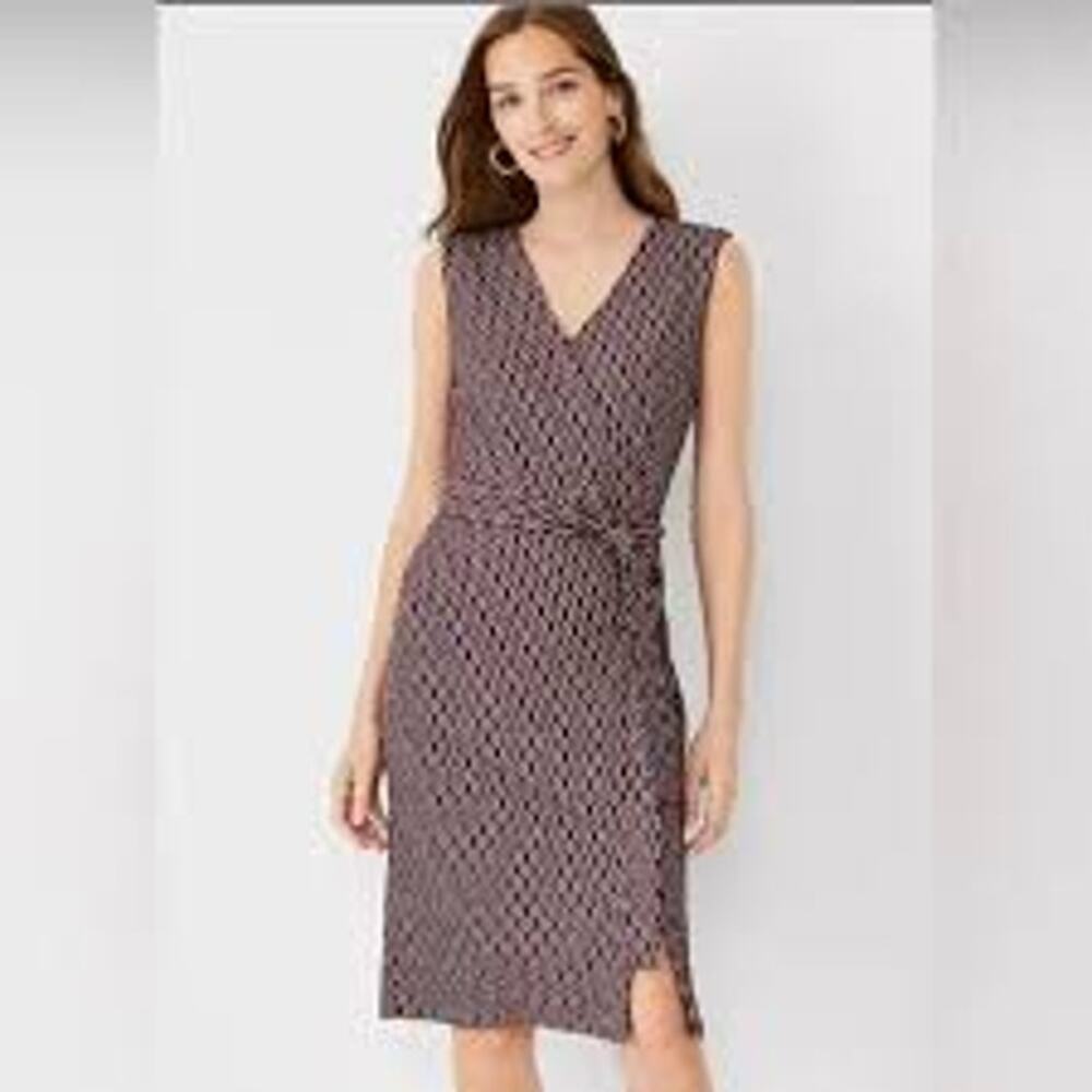 Ann Taylor Petites EUC Womens Burgundy Maroon Chain Print Belted Sheath Dress 6P